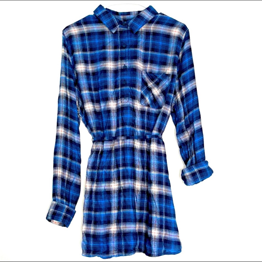 Plaid long sleeve button up tunic shirt dress w/ detachable tie waist - Blue